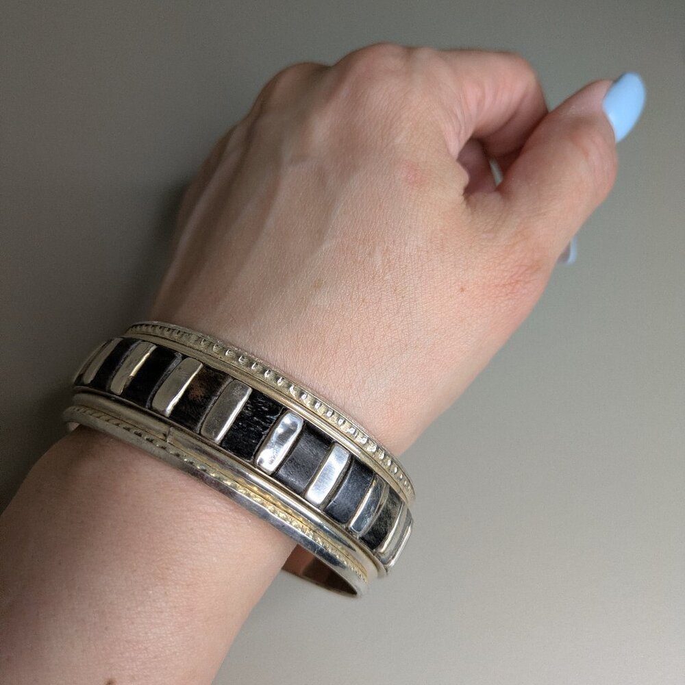 Silver Tone Cuff Bracelet Antique Look Bold Wide Statement Bangle